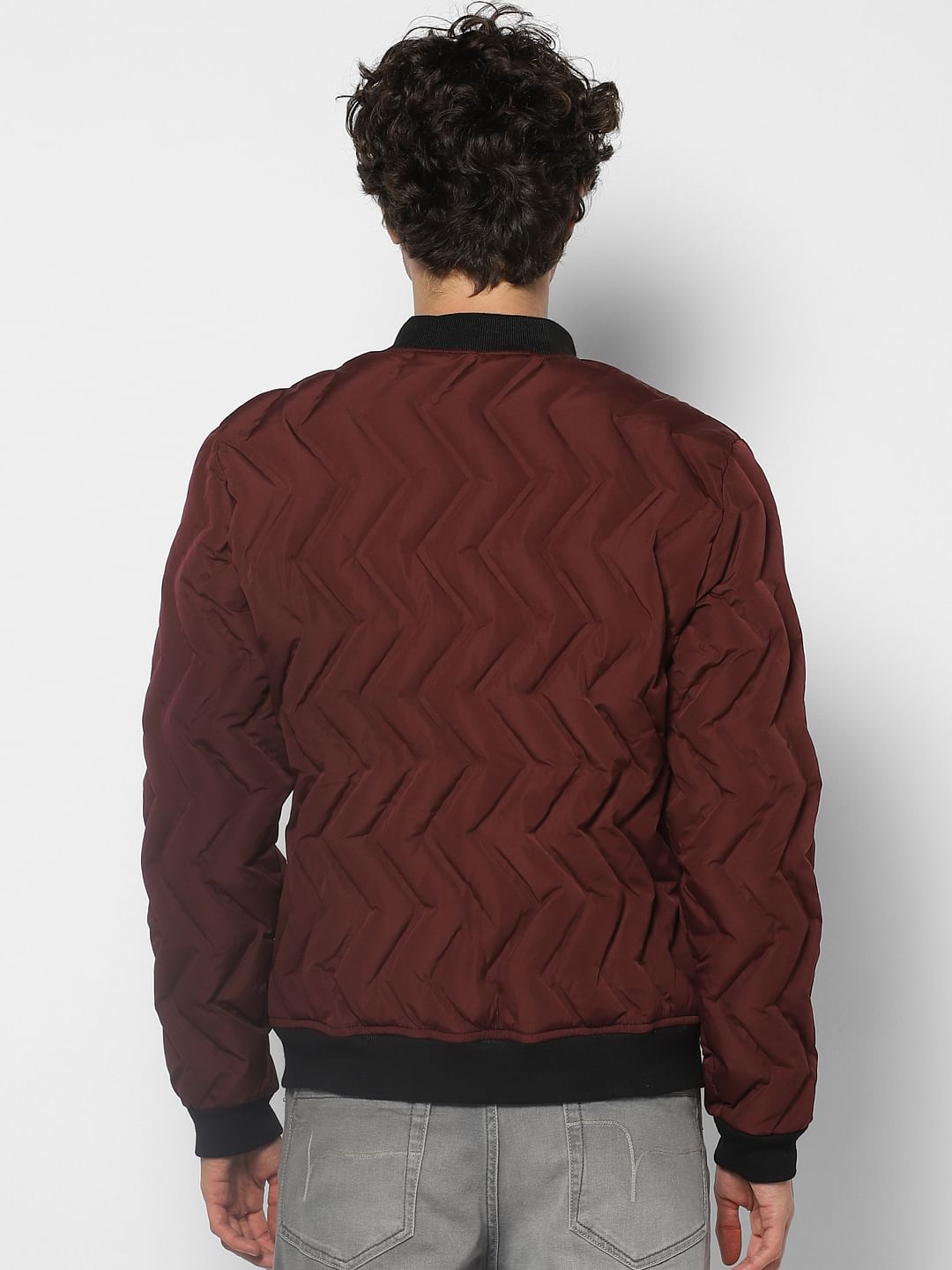 Burgundy Self-Design Bomber Jacket