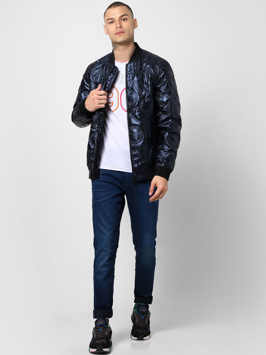 Blue Text Embossed Puffer Jacket - S