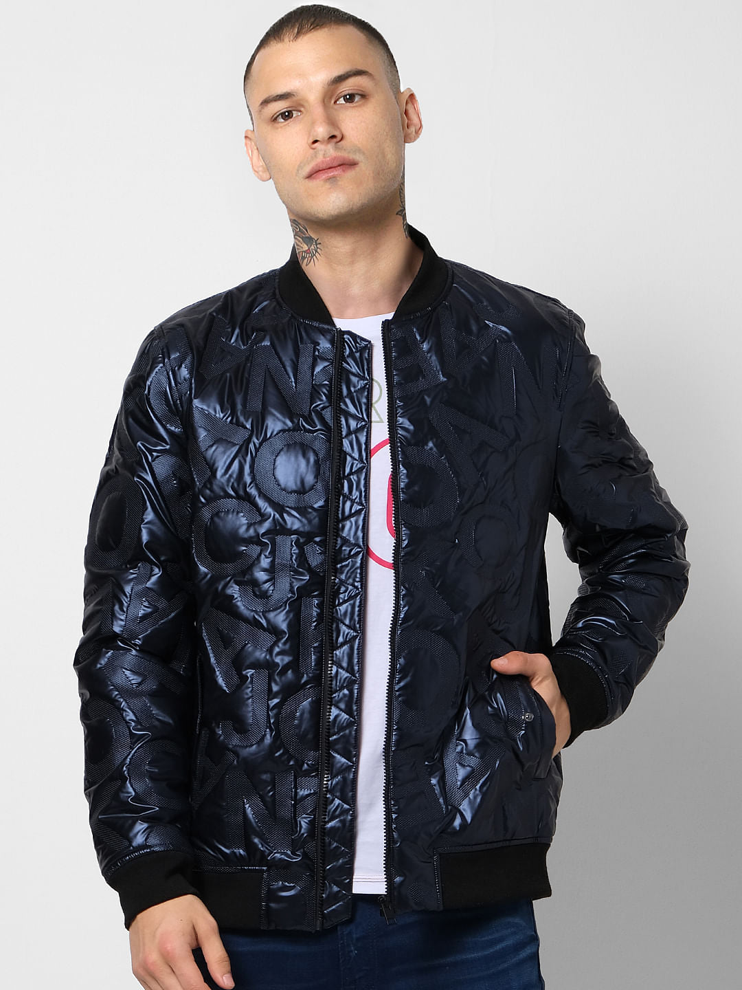 Blue Text Embossed Puffer Jacket