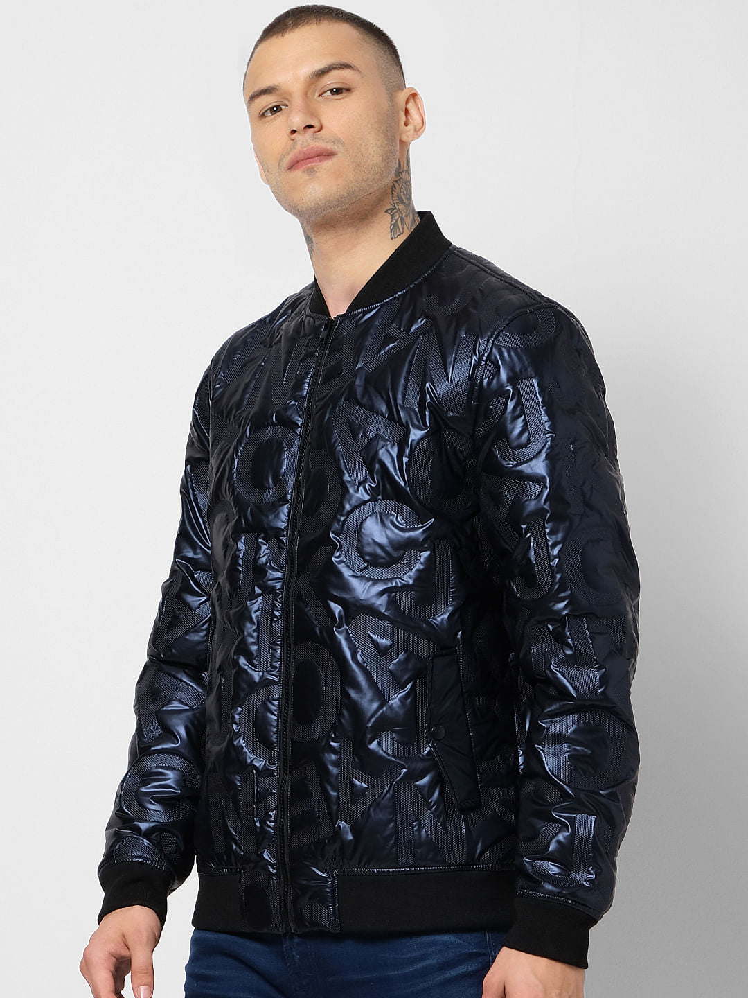 Blue Text Embossed Puffer Jacket