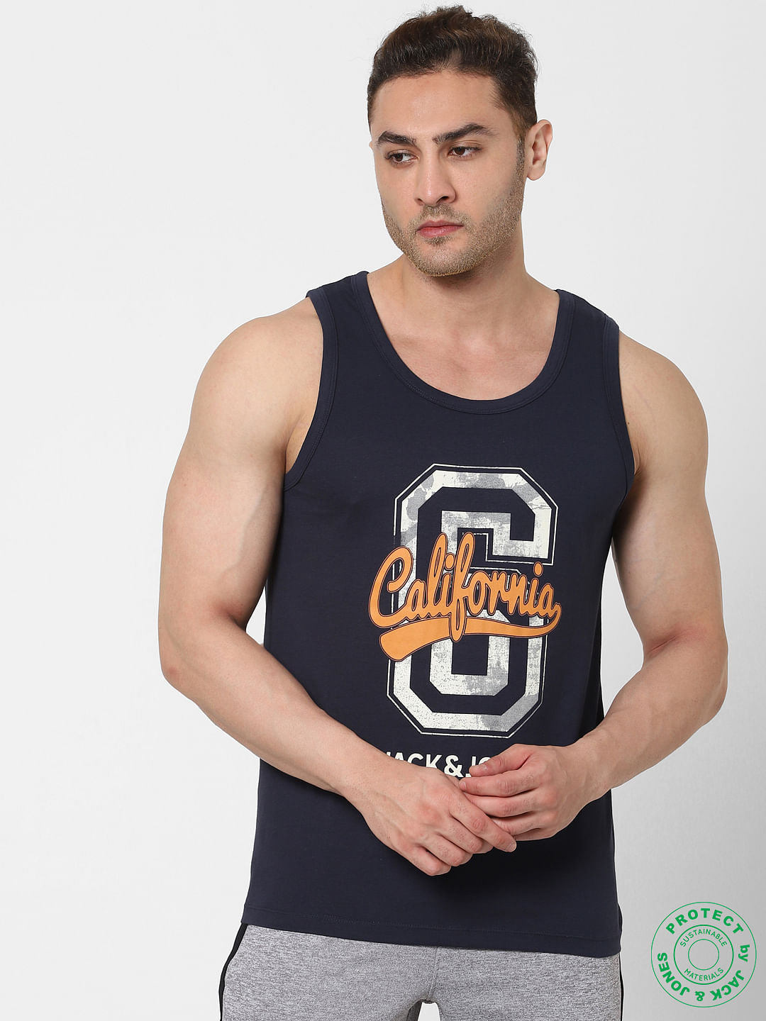 Navy Blue Logo Print Vest