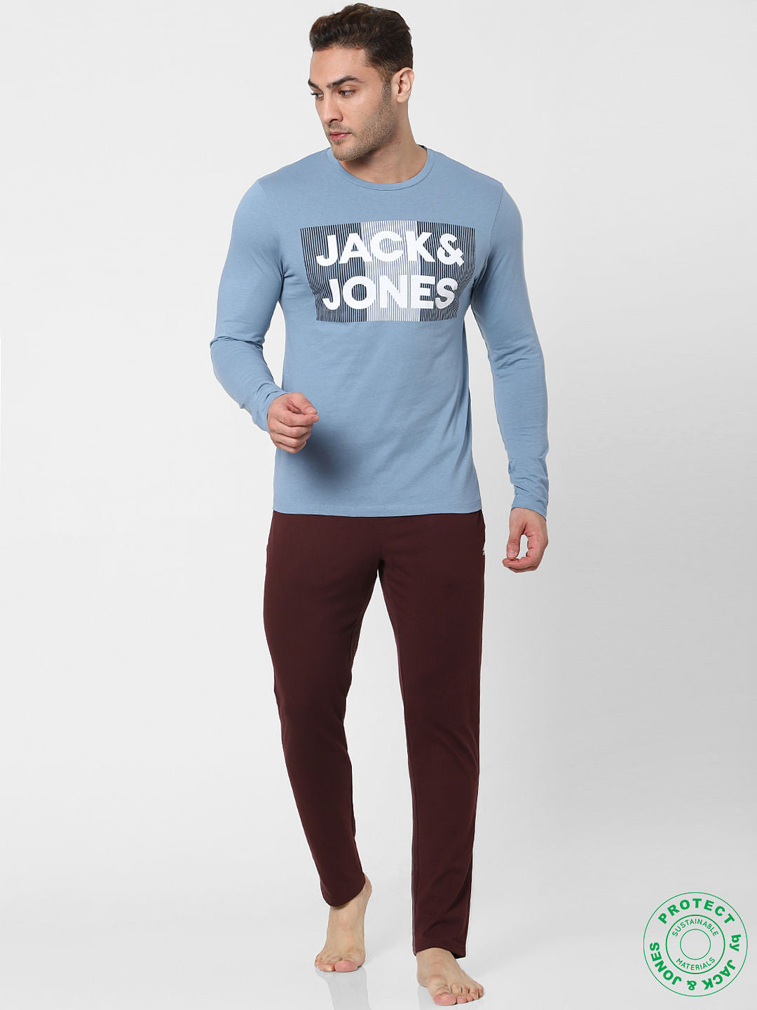 Blue Logo Print Full Sleeves Crew Neck T-shirt