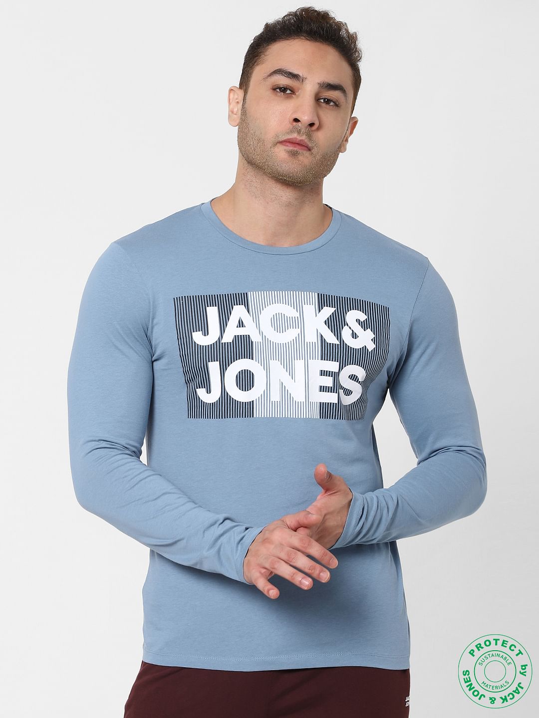 Blue Logo Print Full Sleeves Crew Neck T-shirt