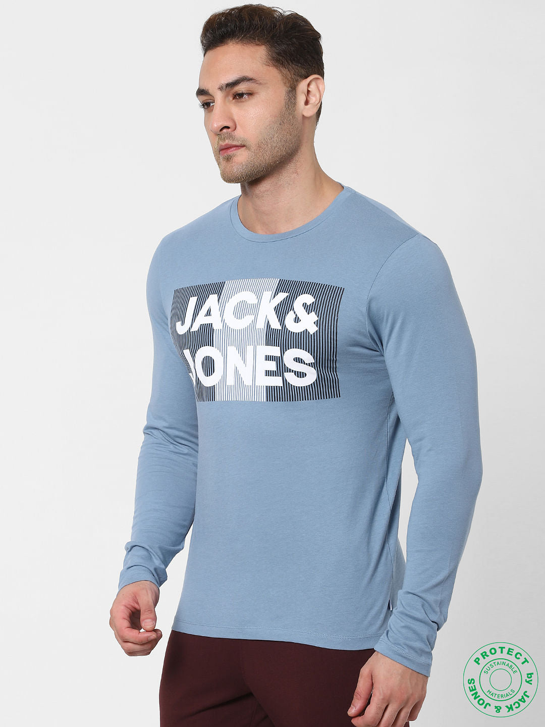Blue Logo Print Full Sleeves Crew Neck T-shirt