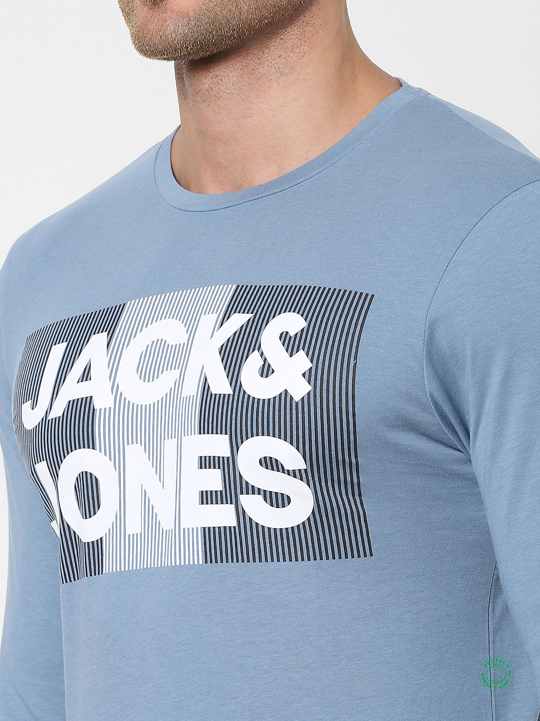 Blue Logo Print Full Sleeves Crew Neck T-shirt