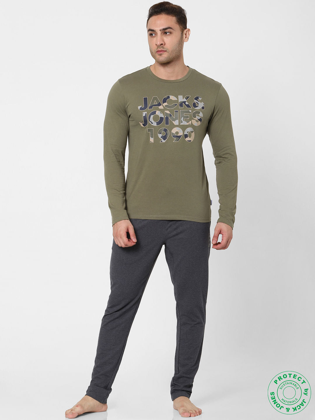 Olive Green Logo Print Full Sleeves Crew Neck T-shirt - S