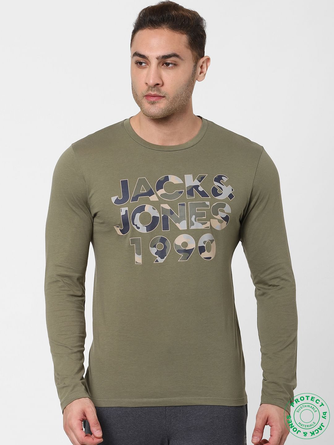 Olive Green Logo Print Full Sleeves Crew Neck T-shirt