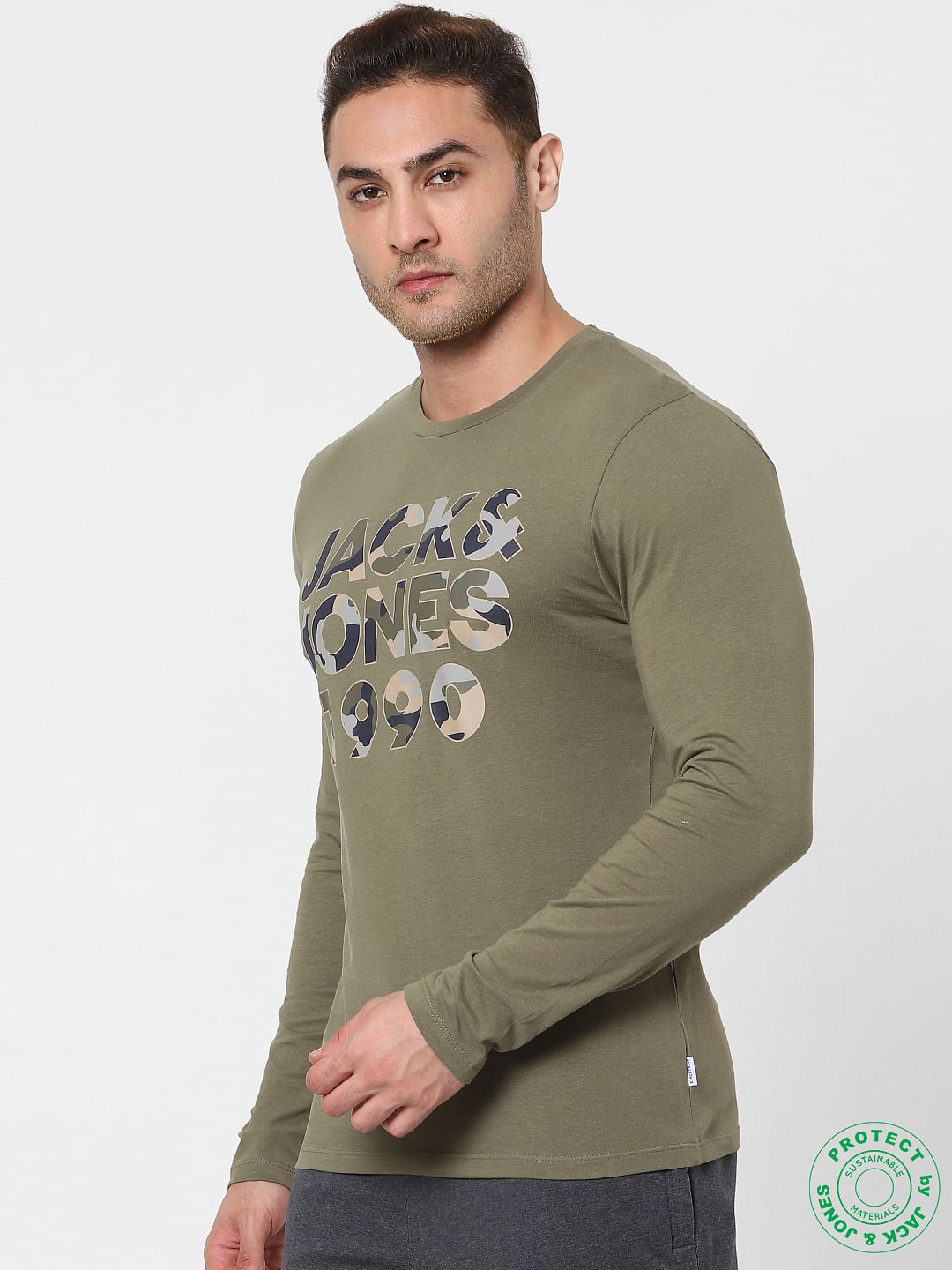 Olive Green Logo Print Full Sleeves Crew Neck T-shirt