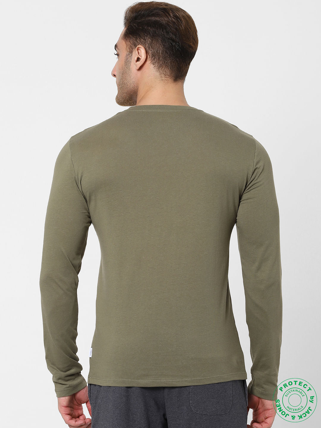 Olive Green Logo Print Full Sleeves Crew Neck T-shirt