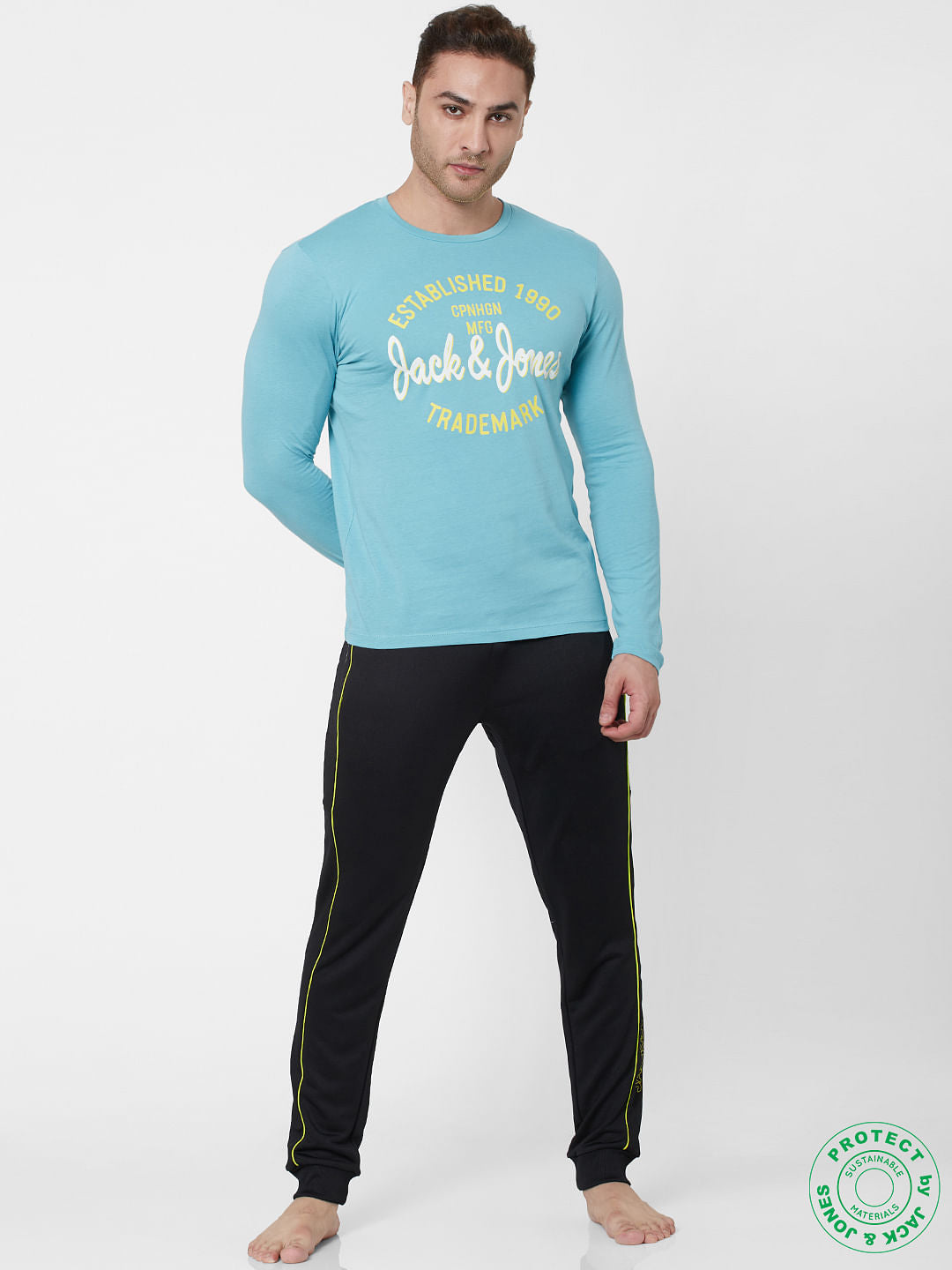 Blue Logo Print Full Sleeves Crew Neck T-shirt