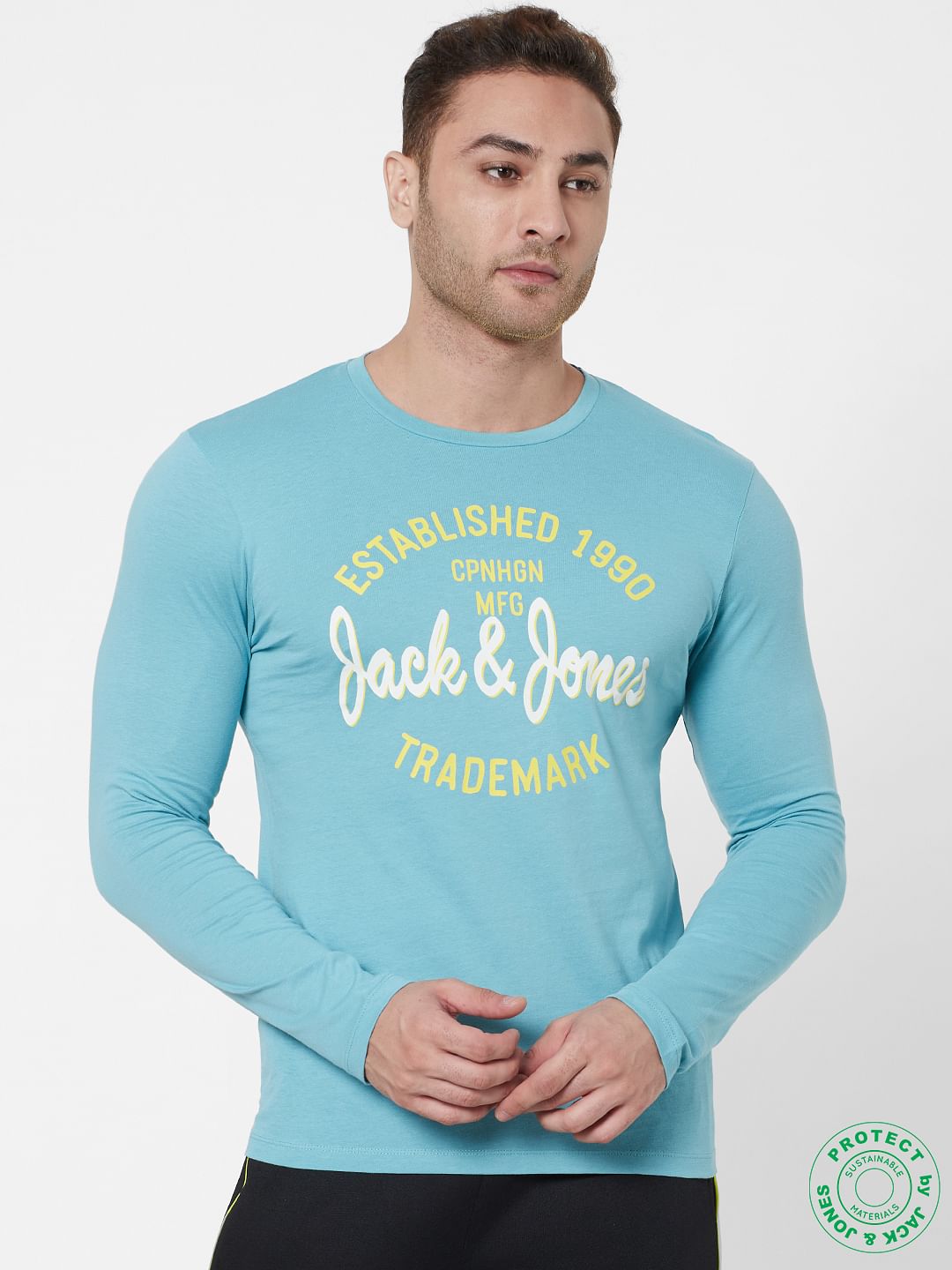 Blue Logo Print Full Sleeves Crew Neck T-shirt