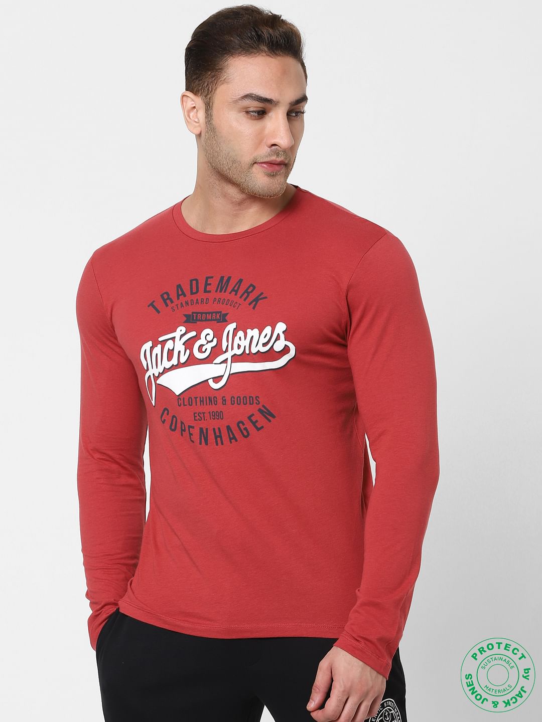 Red Logo Print Full Sleeves Crew Neck T-shirt