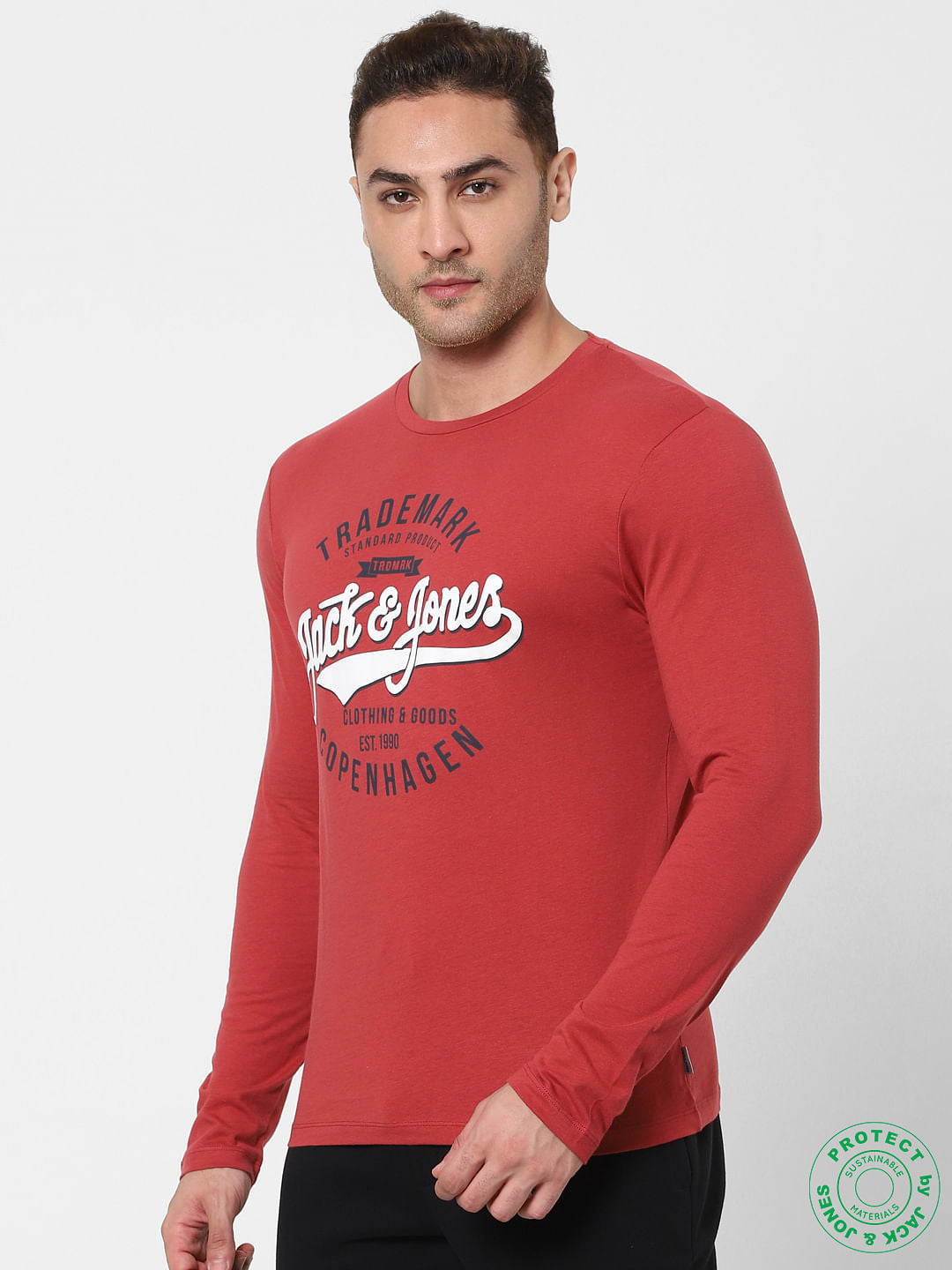 Red Logo Print Full Sleeves Crew Neck T-shirt