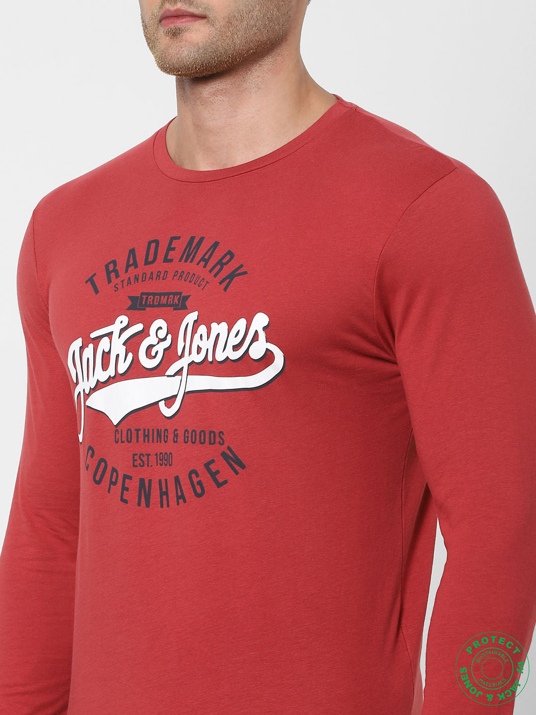 Red Logo Print Full Sleeves Crew Neck T-shirt