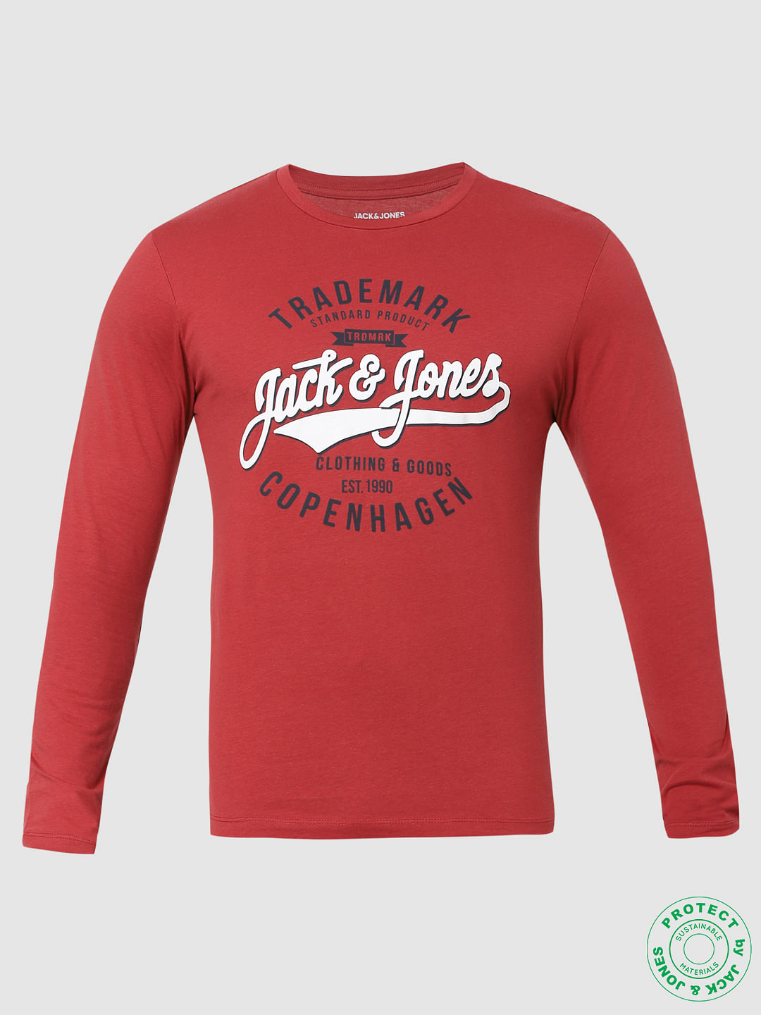 Red Logo Print Full Sleeves Crew Neck T-shirt