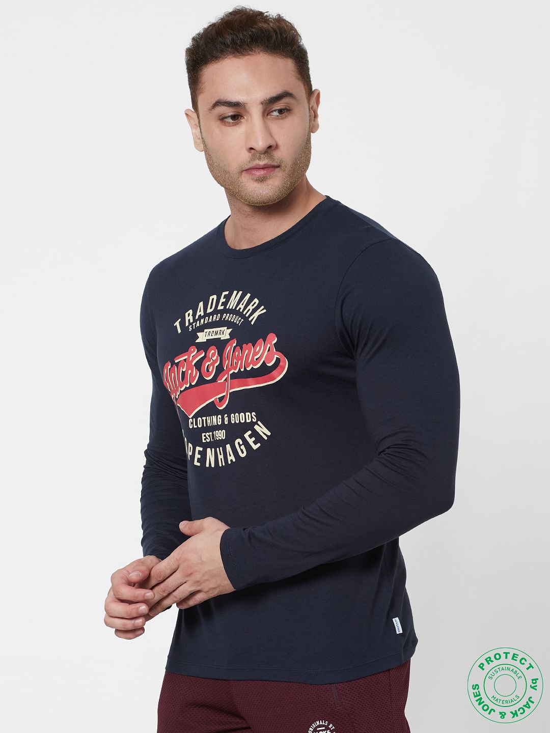 Blue Logo Print Full Sleeves Crew Neck T-shirt