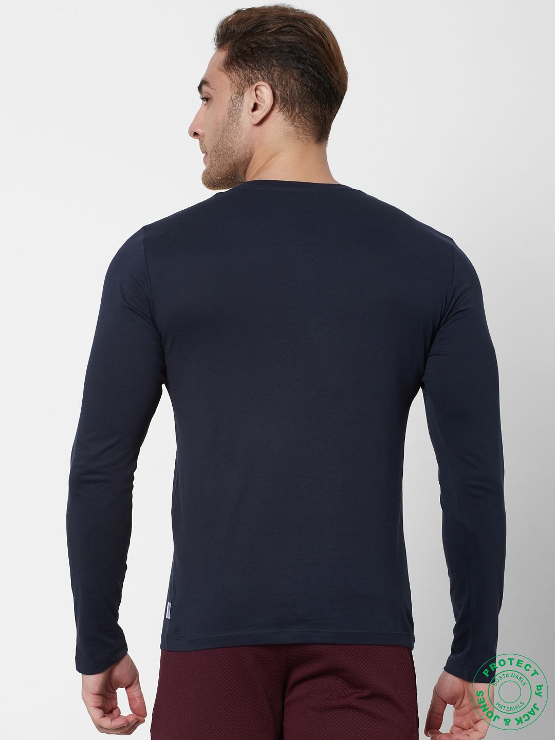 Blue Logo Print Full Sleeves Crew Neck T-shirt
