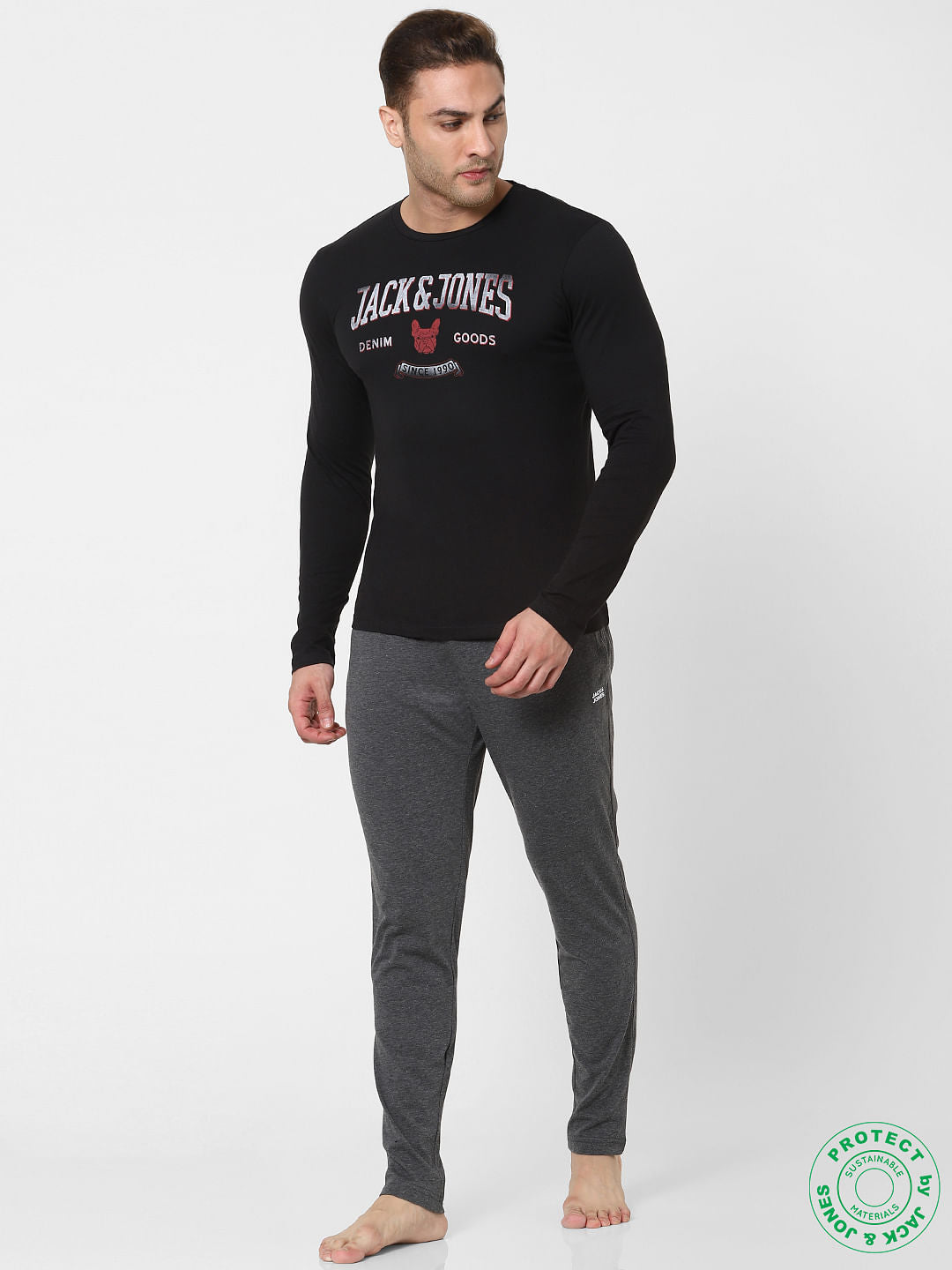 Black Logo Print Full Sleeves Crew Neck T-shirt