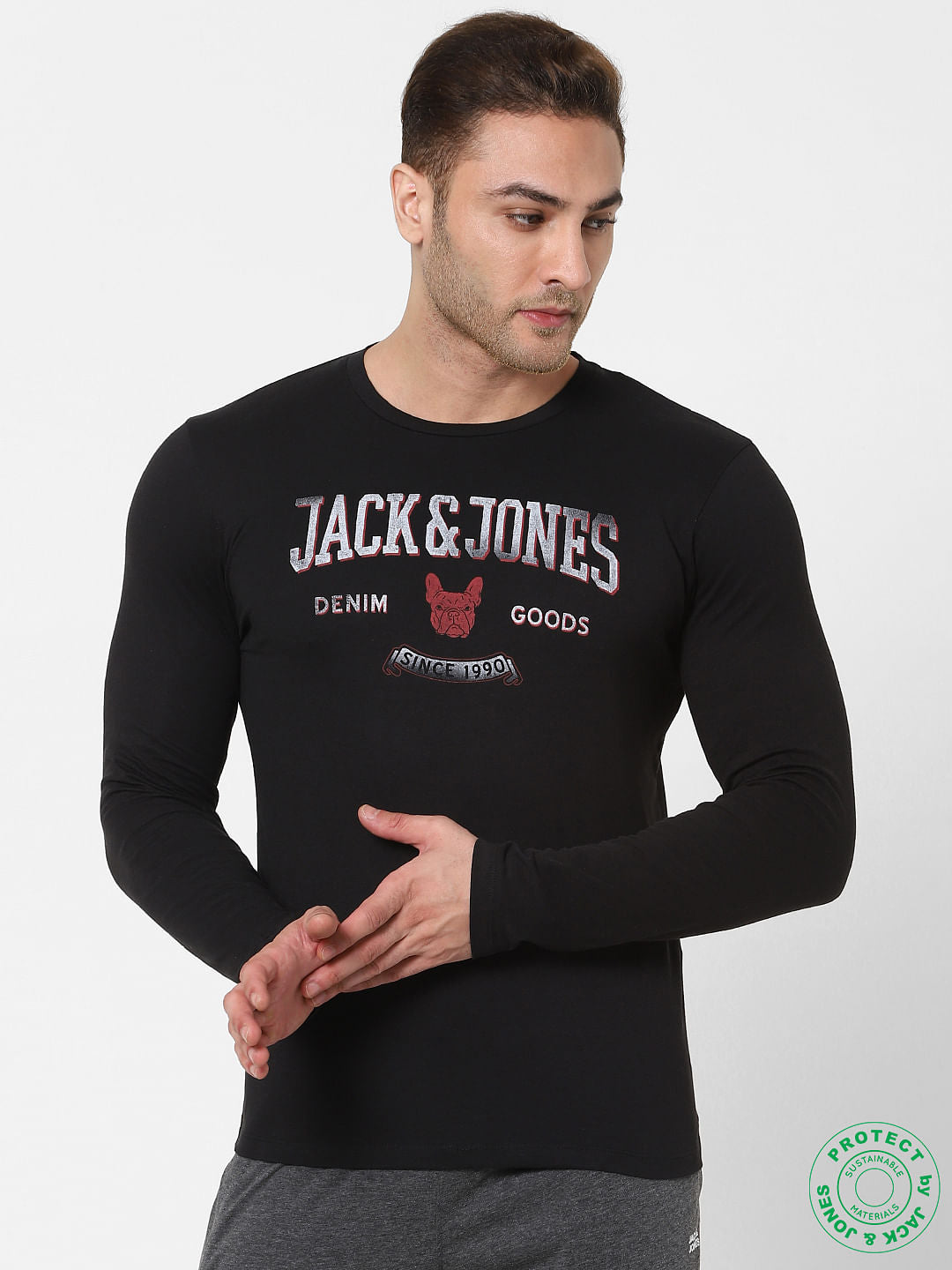 Black Logo Print Full Sleeves Crew Neck T-shirt