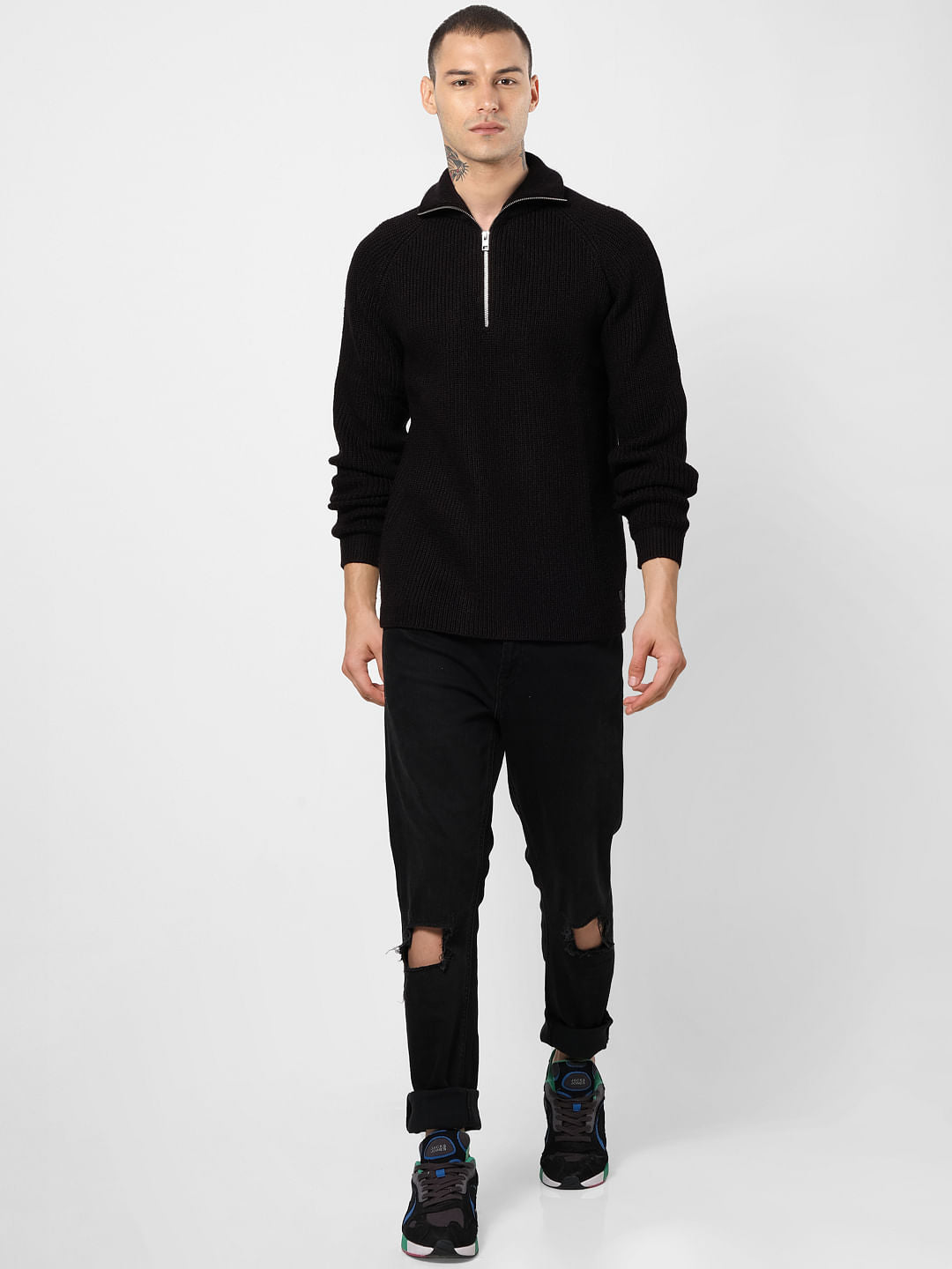 Black Ribbed High Neck Pullover - S