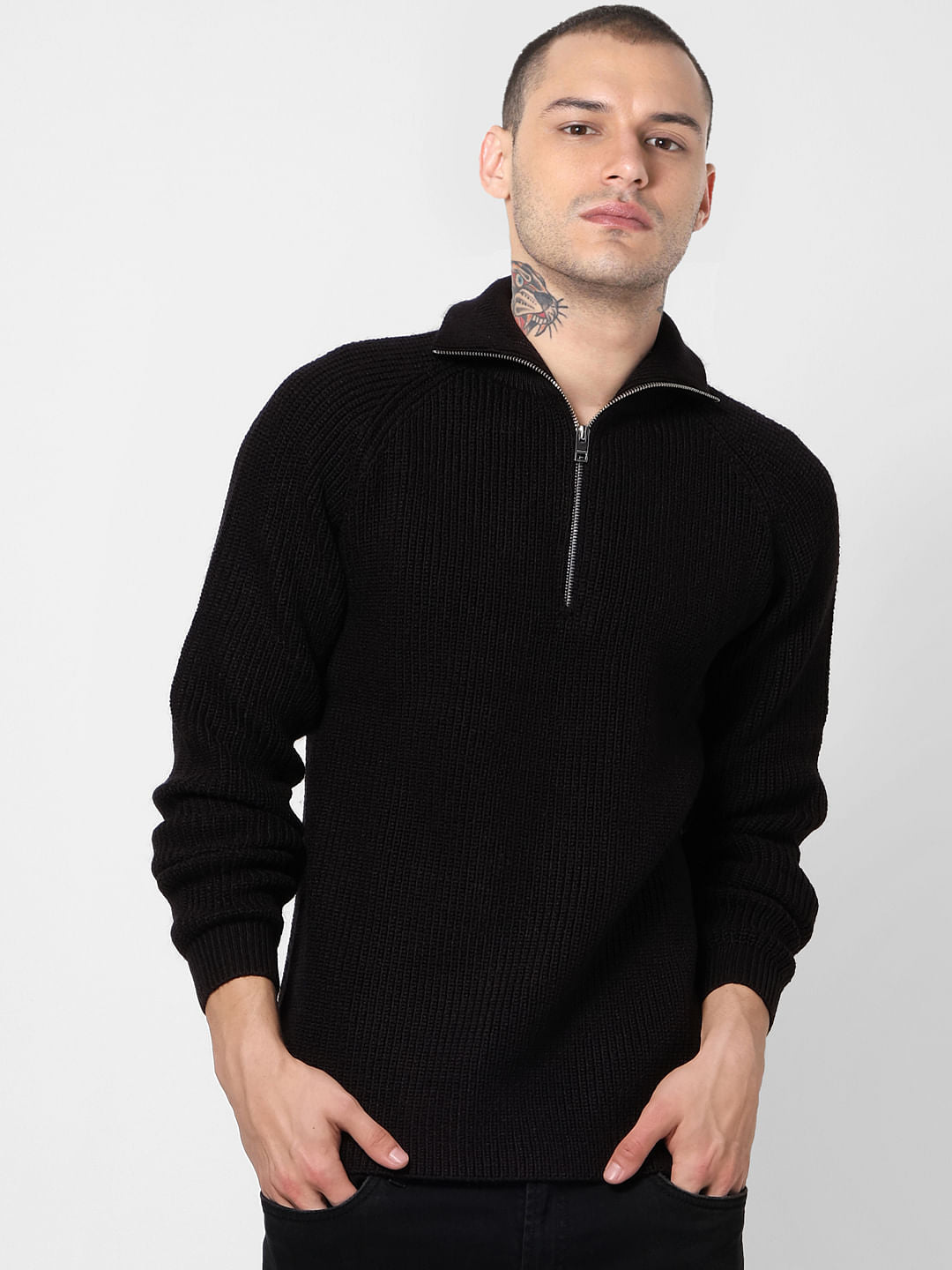 Black Ribbed High Neck Pullover