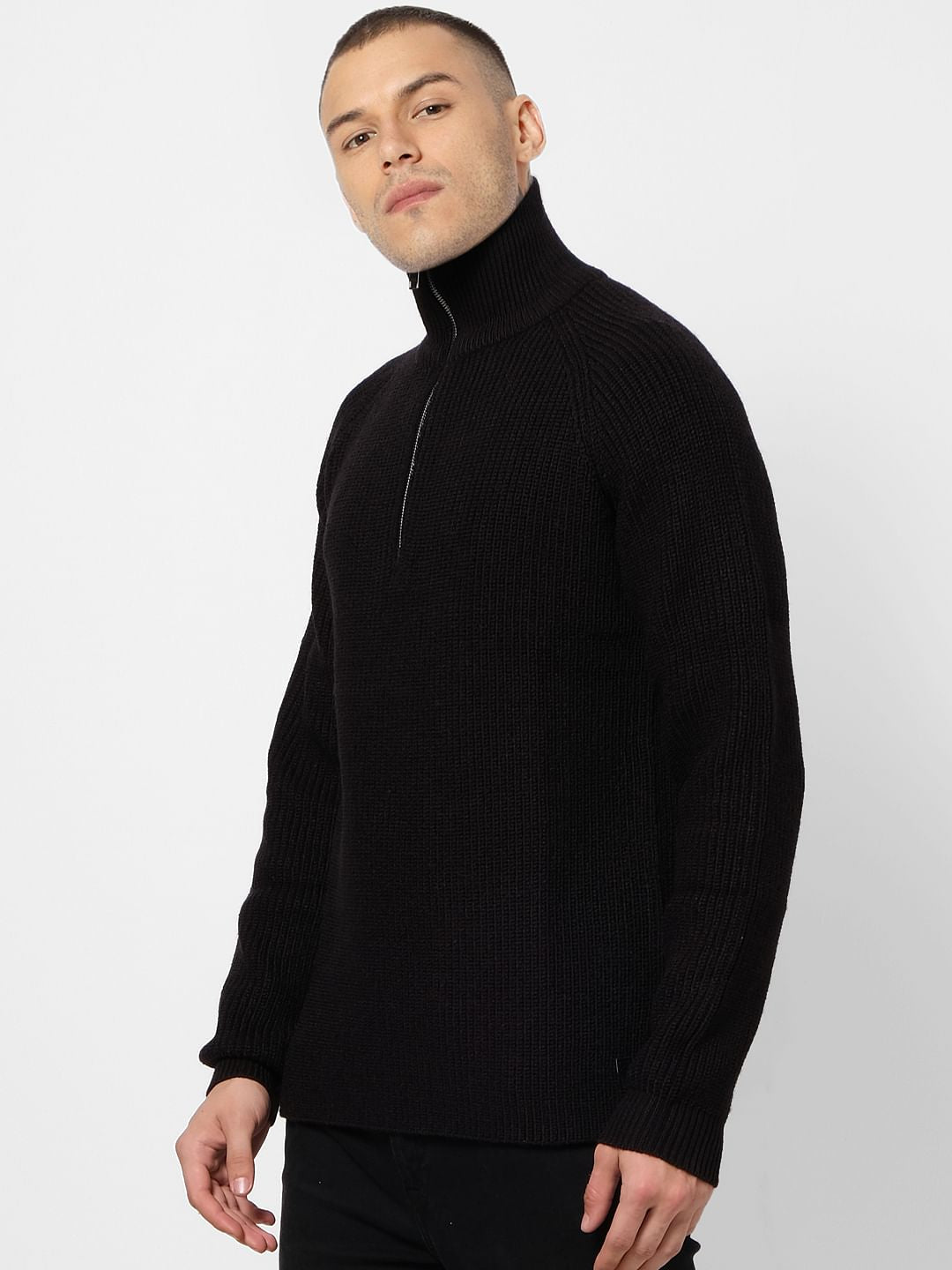 Black Ribbed High Neck Pullover