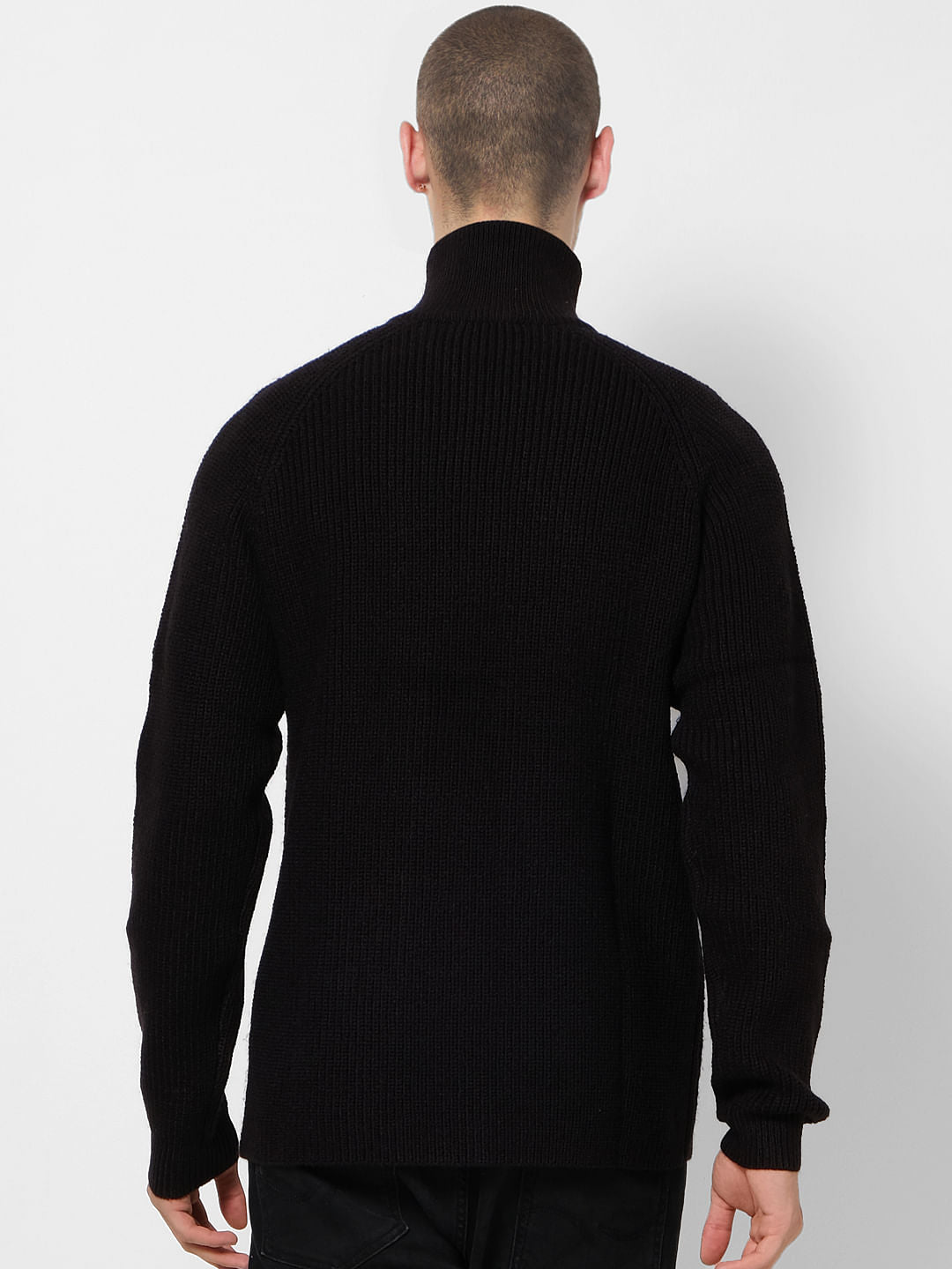 Black Ribbed High Neck Pullover