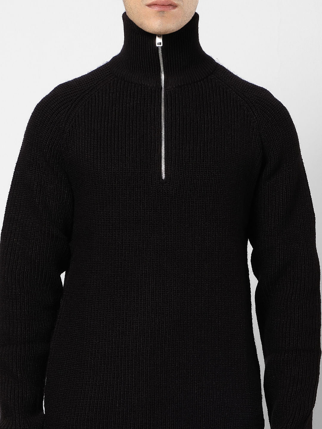 Black Ribbed High Neck Pullover