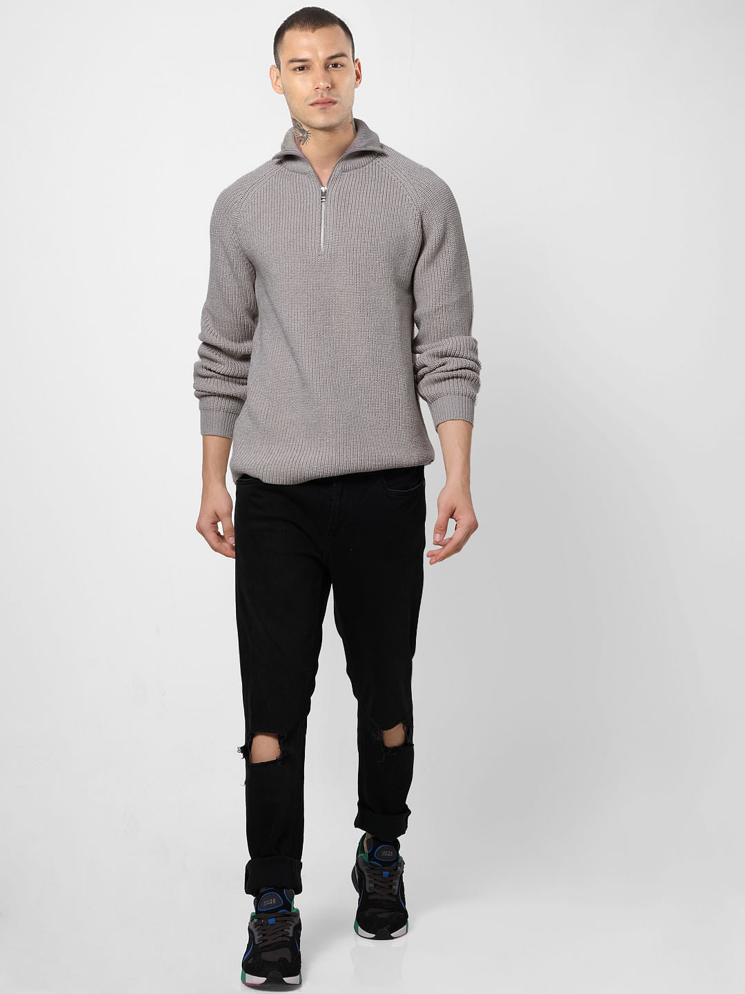 Grey Ribbed High Neck Pullover - S