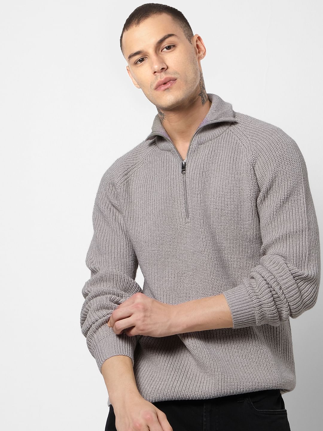 Grey Ribbed High Neck Pullover