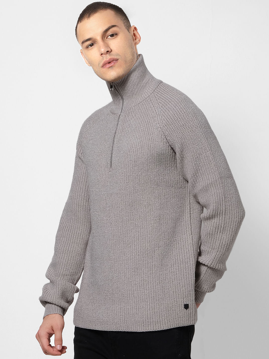 Grey Ribbed High Neck Pullover