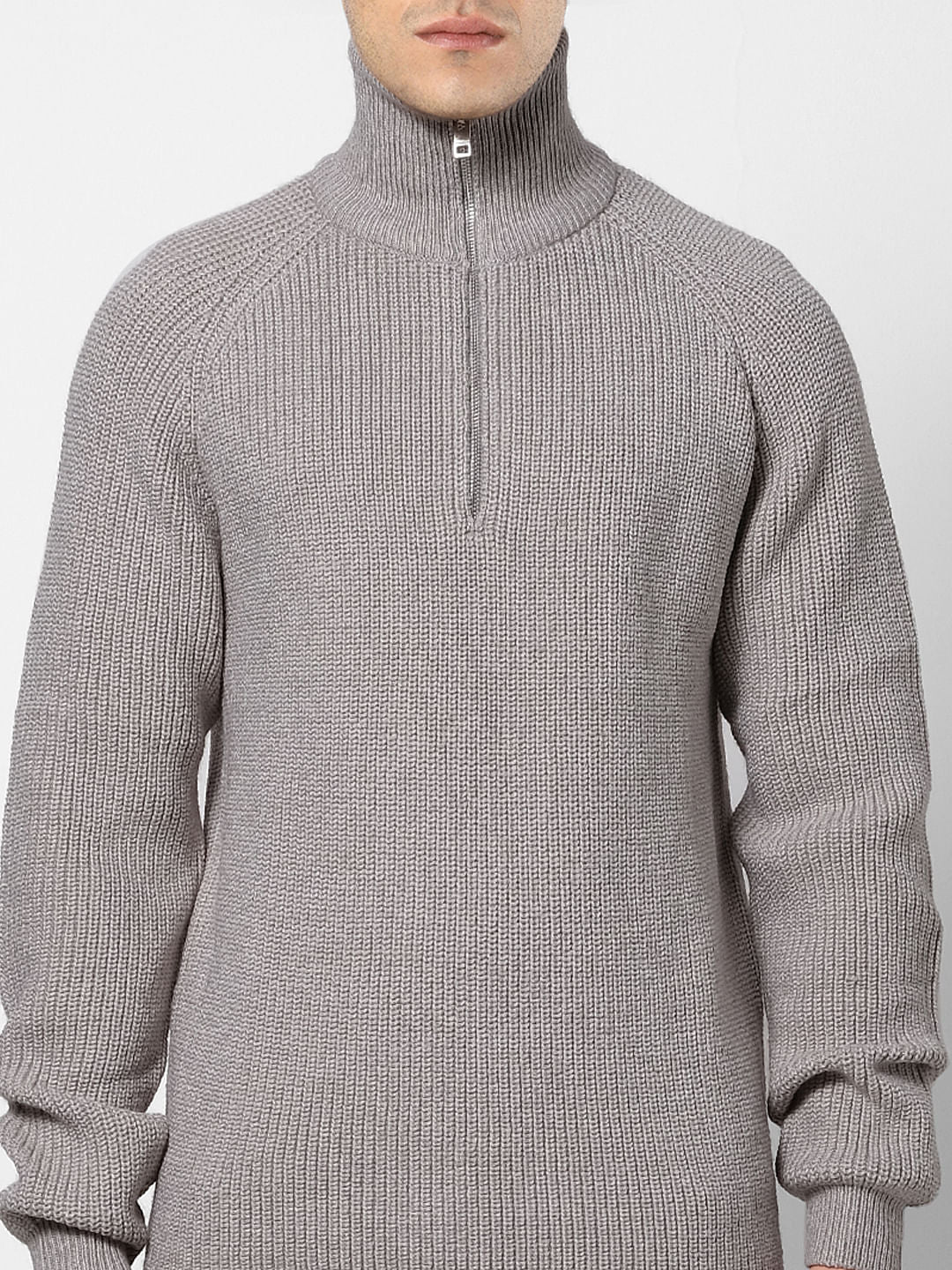 Grey Ribbed High Neck Pullover