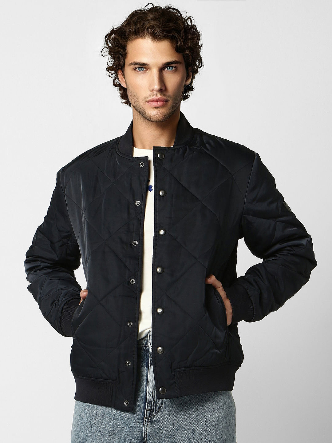Navy Blue Self-Design Quilted Jacket