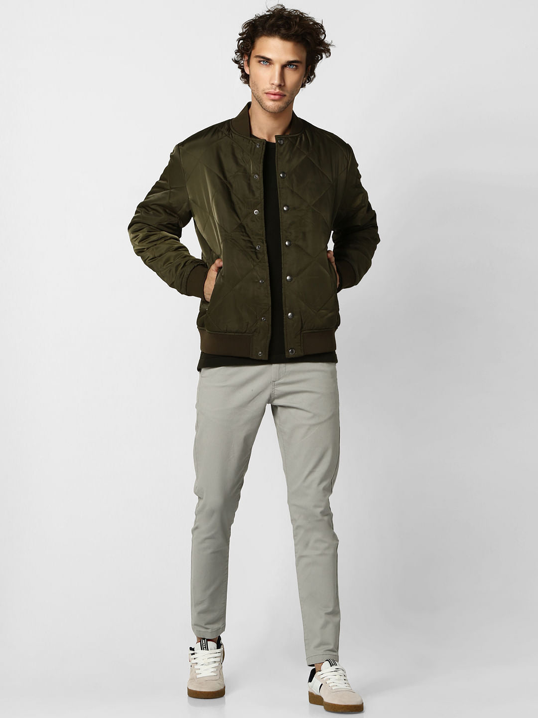 Olive Self-Design Quilted Jacket - S