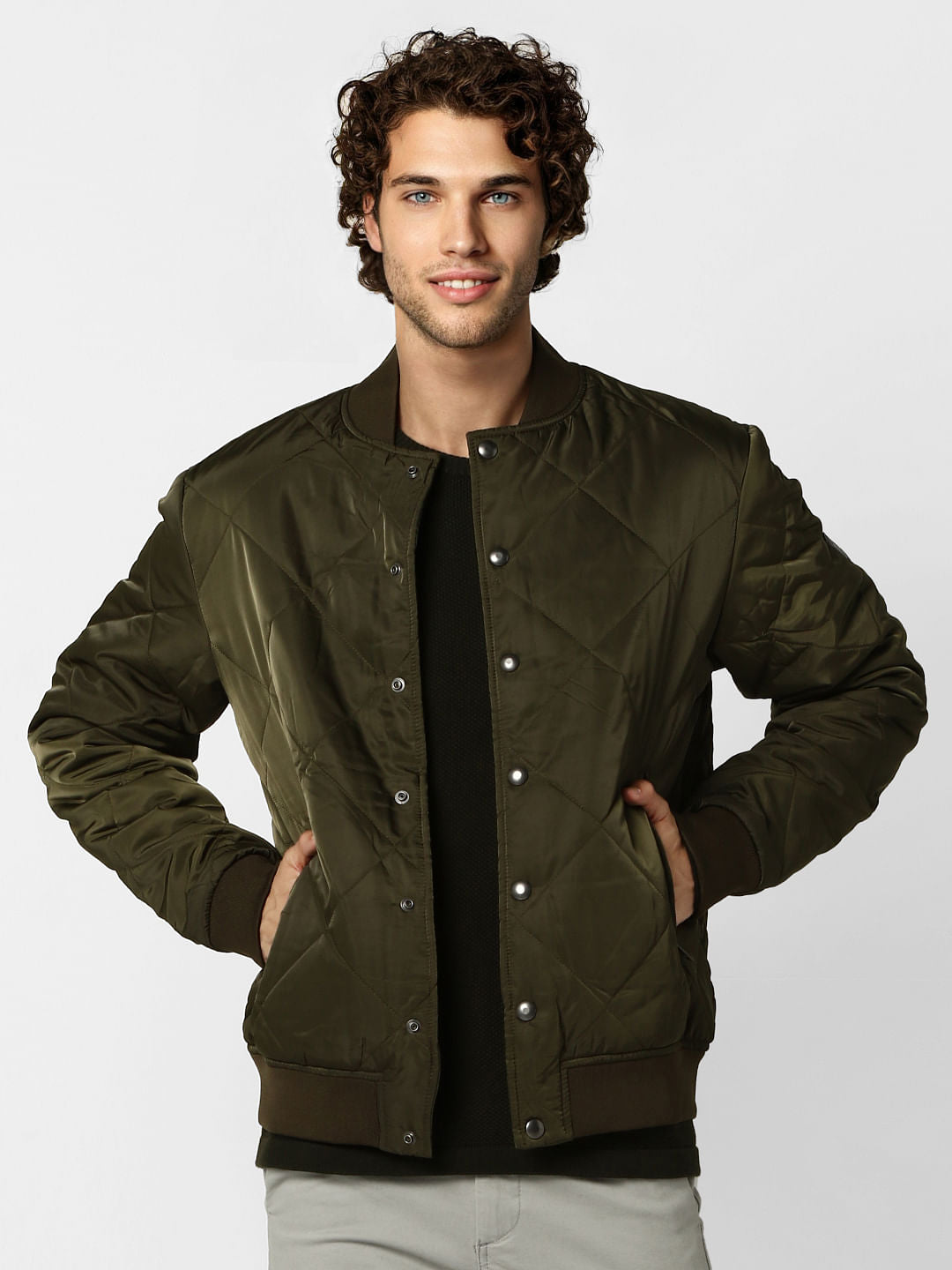 Olive Self-Design Quilted Jacket