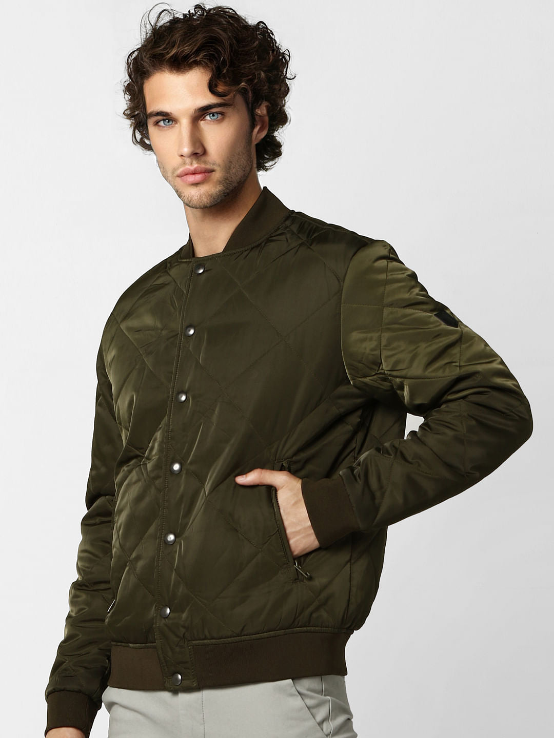 Olive Self-Design Quilted Jacket