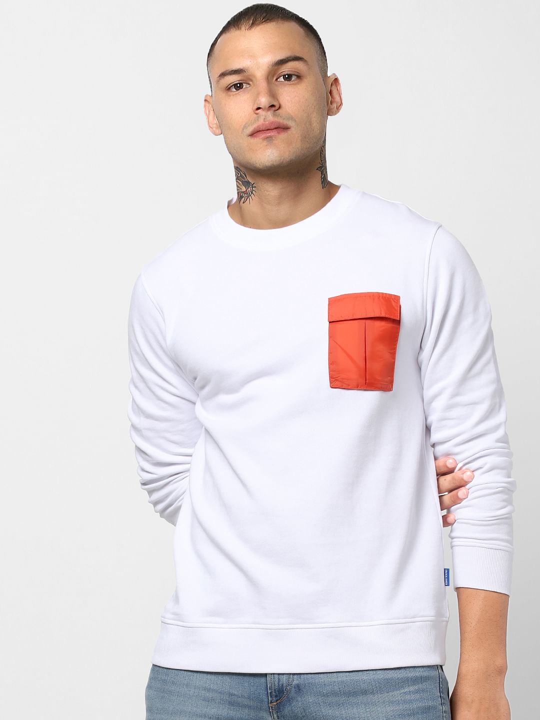 White Contrast Pocket Sweatshirt