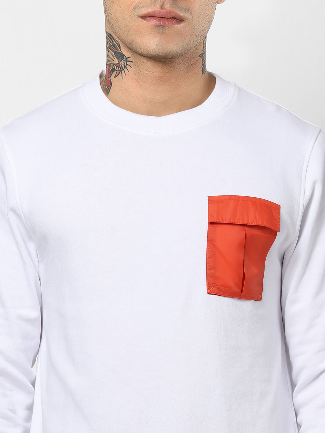White Contrast Pocket Sweatshirt