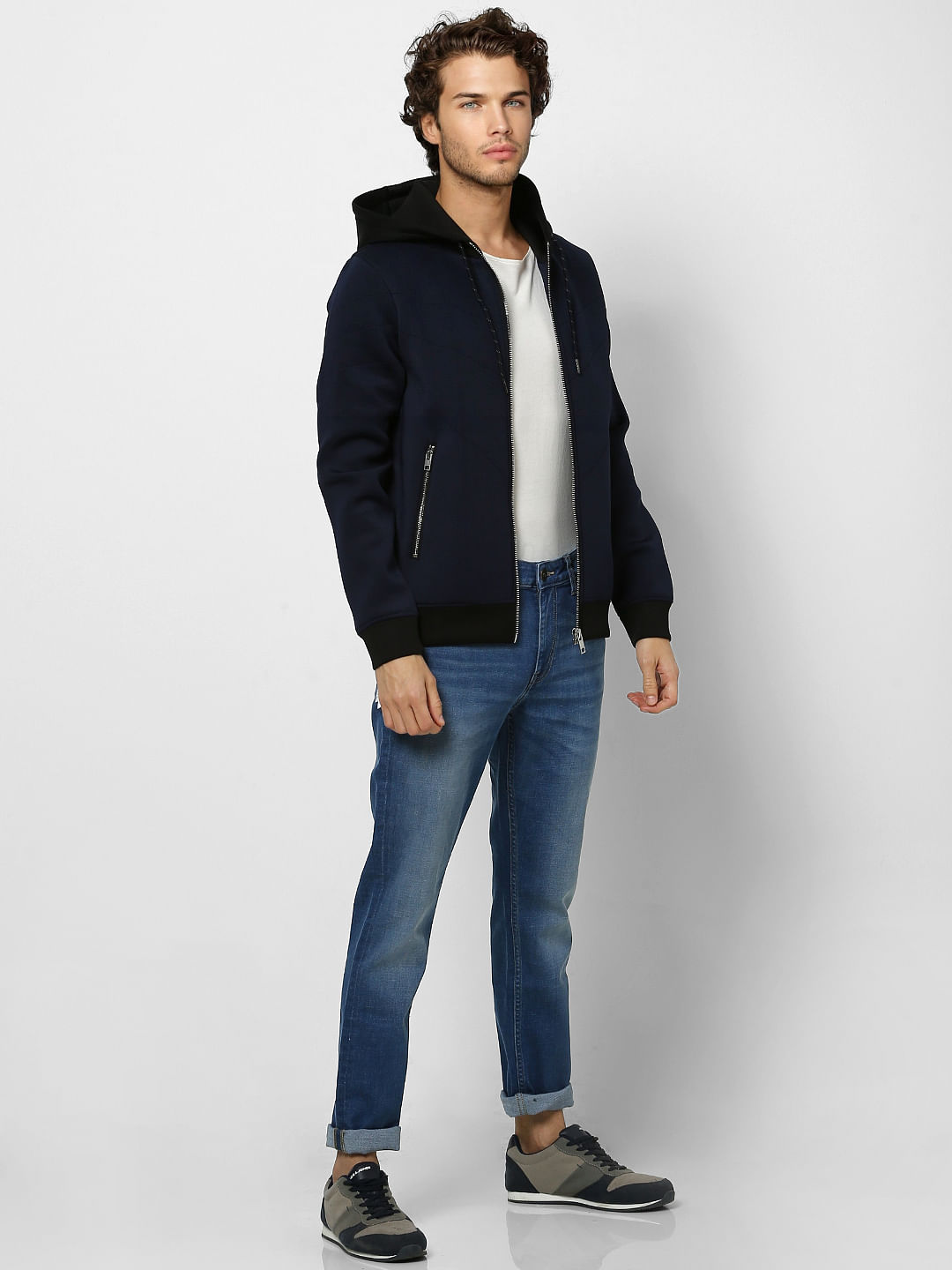Navy Blue Hooded Casual Jacket - S
