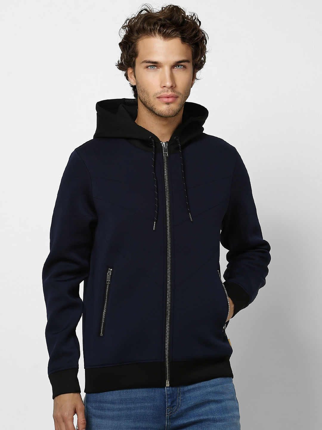 Navy Blue Hooded Casual Jacket