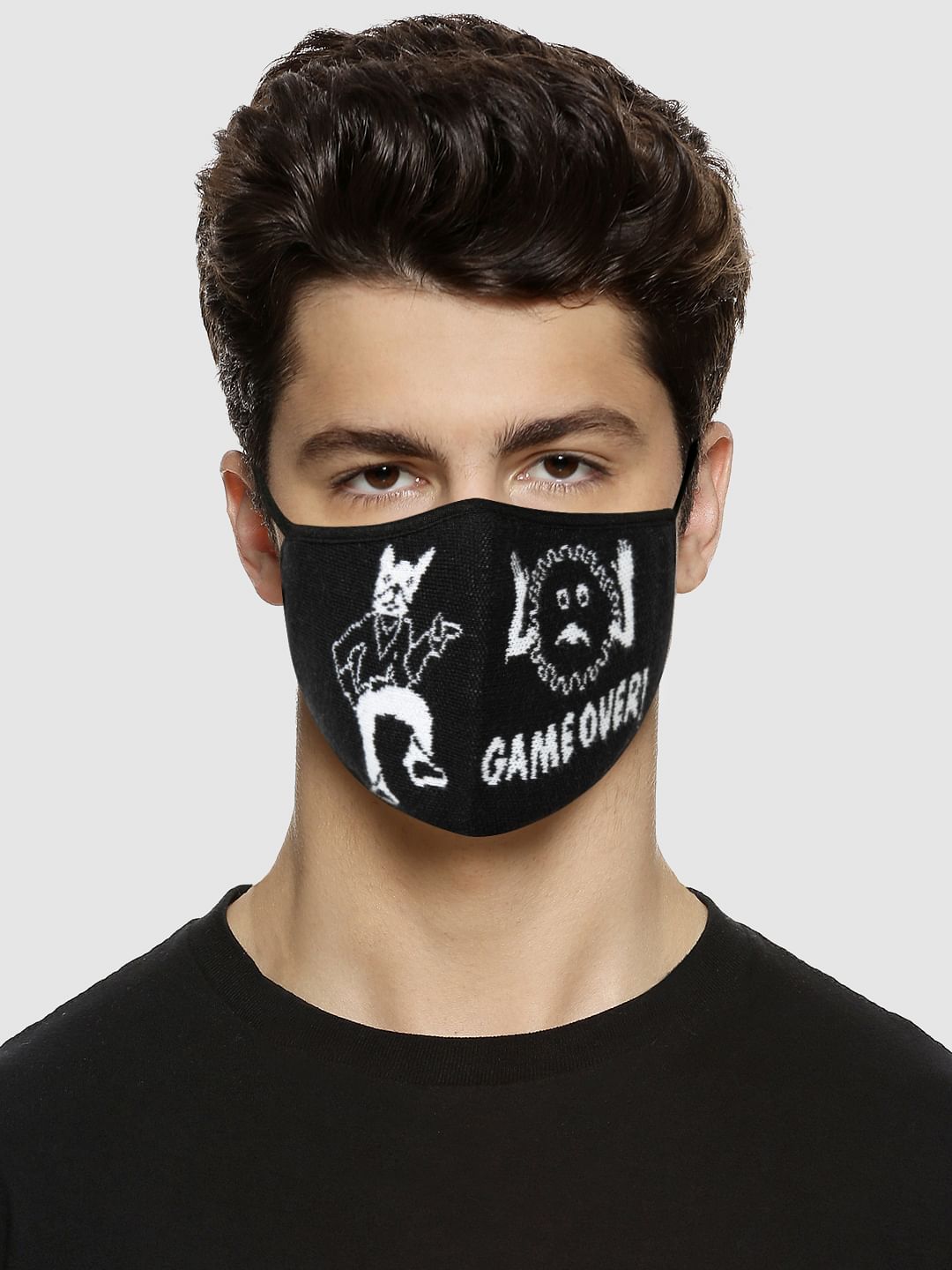 Black Graphic Print Knit 3PLY Mask - ONE