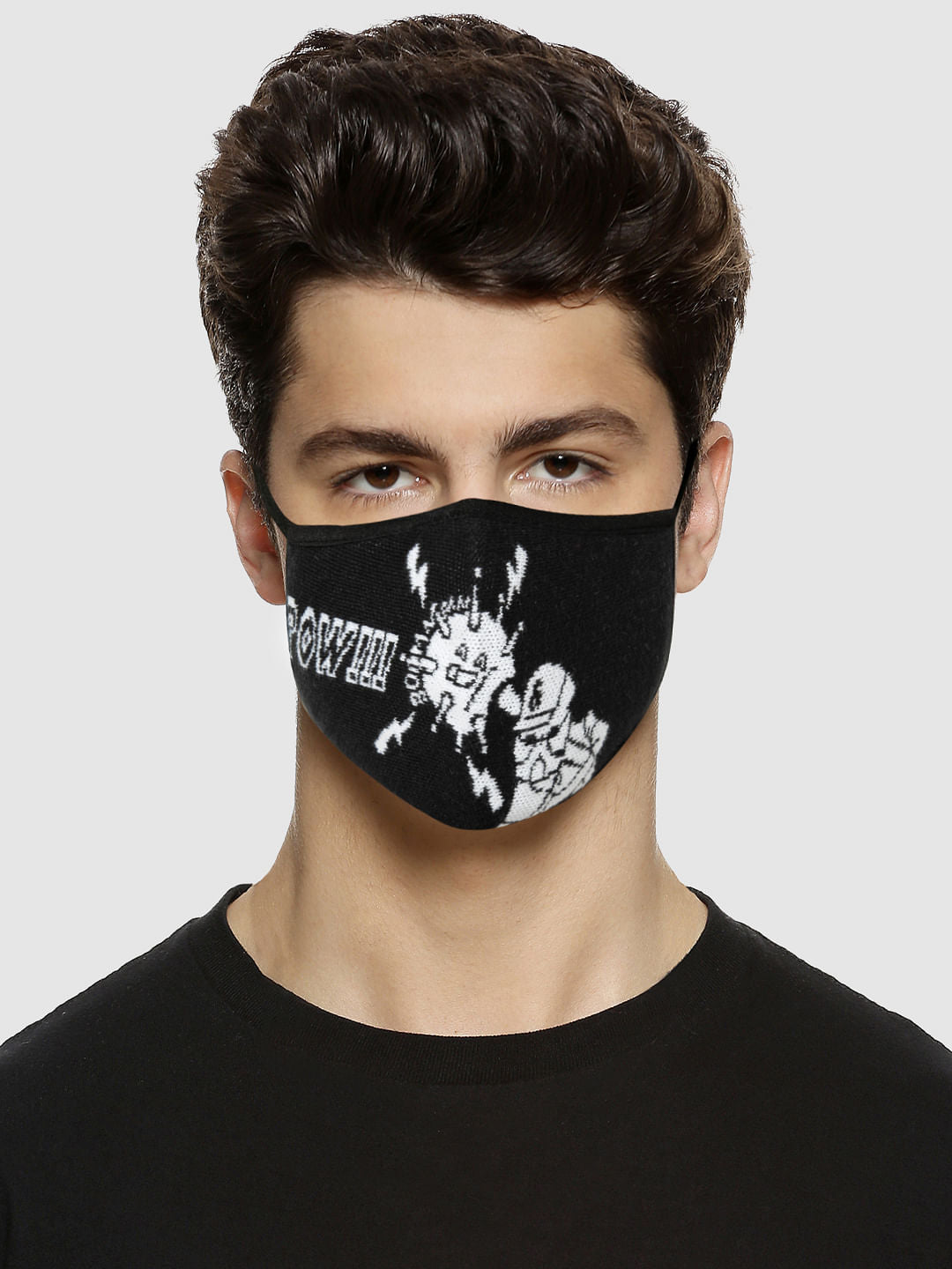 Black Typographic Print Knit 3PLY Mask - ONE