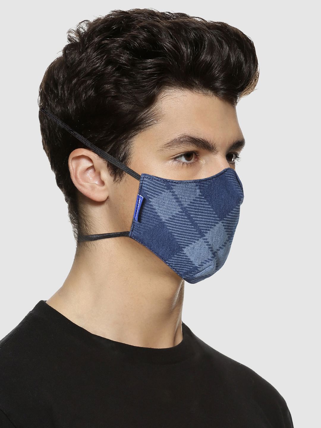 Blue 3PLY Around the Head Loops Mask - Check Print