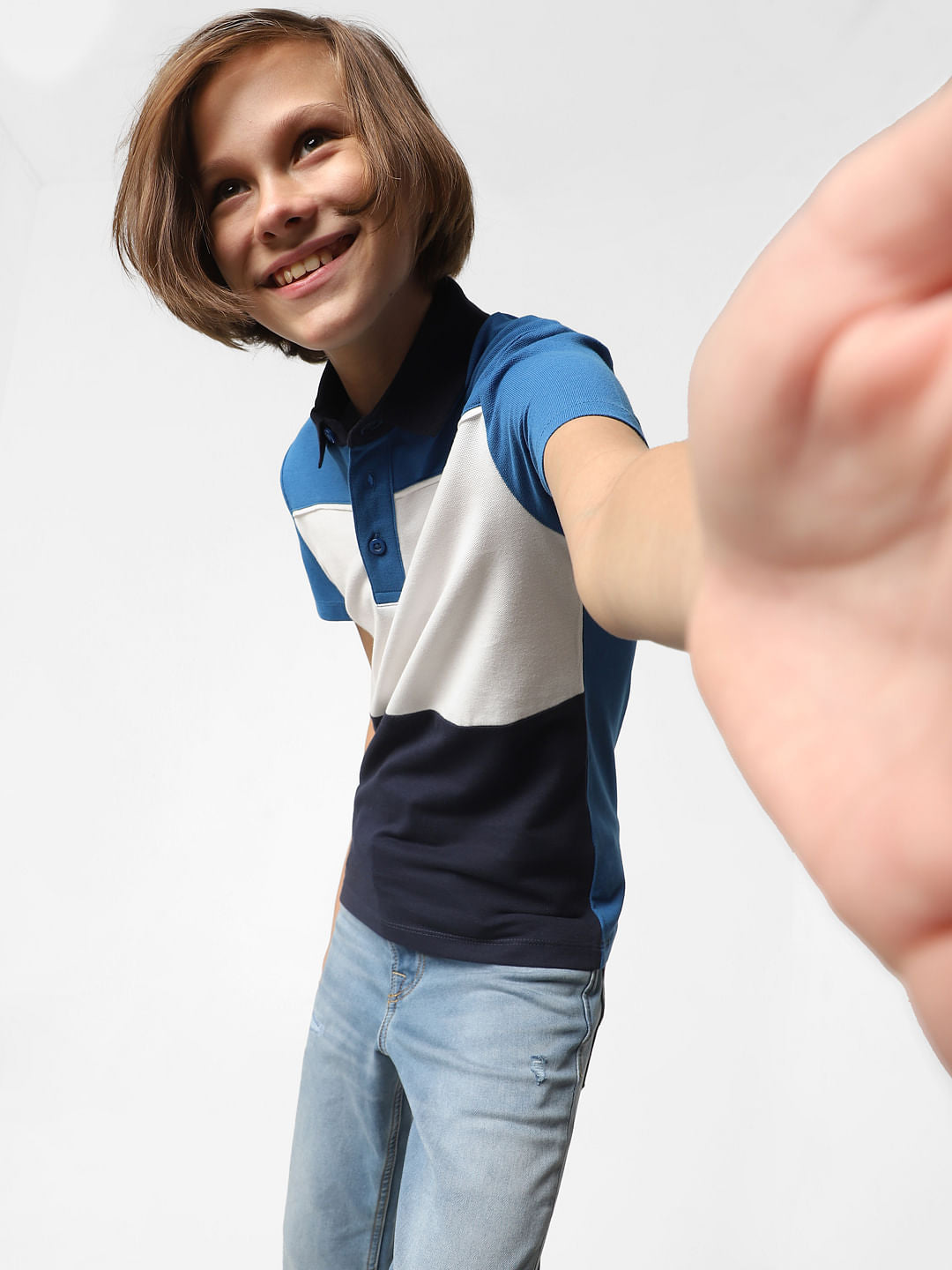 BOYS Blue Colourblocked Polo Neck T-shirt