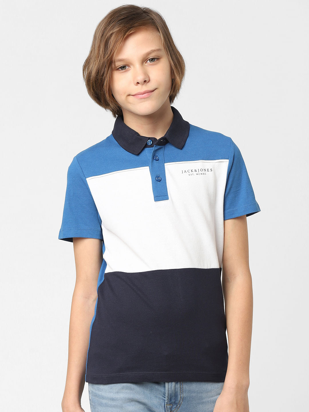 BOYS Blue Colourblocked Polo Neck T-shirt