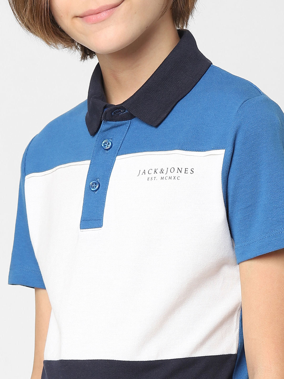 BOYS Blue Colourblocked Polo Neck T-shirt