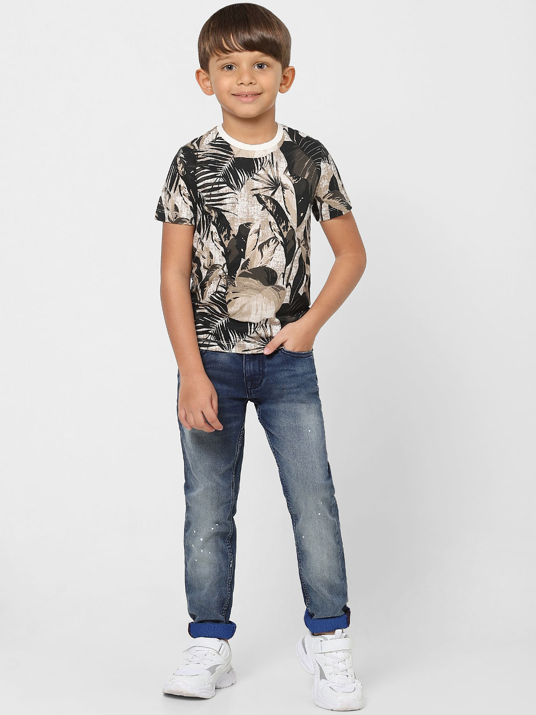 BOYS Beige & Green Tropical Print Crew Neck T-shirt