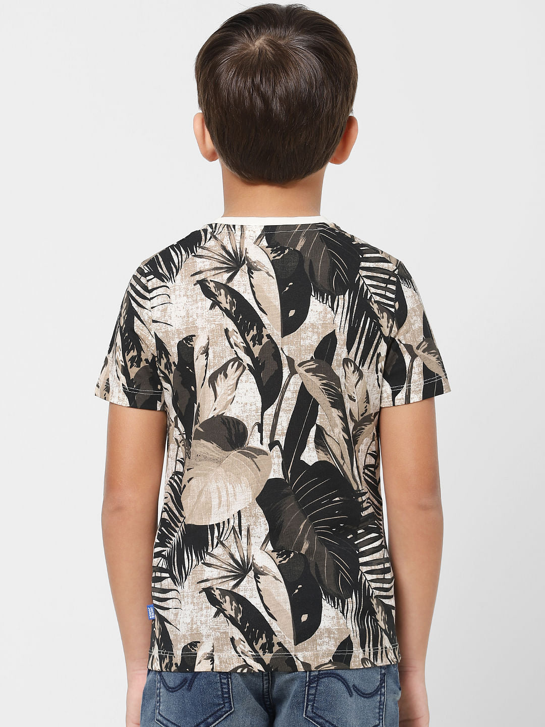 BOYS Beige & Green Tropical Print Crew Neck T-shirt