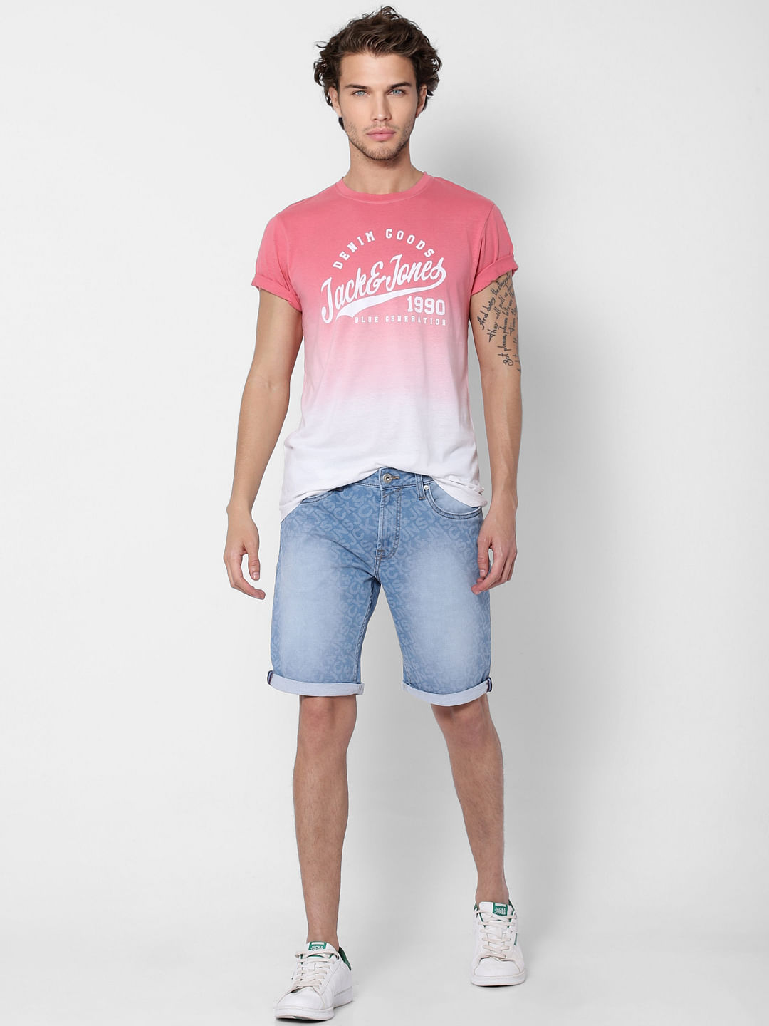 Pink Ombre Crew Neck Text Print T-shirt - S