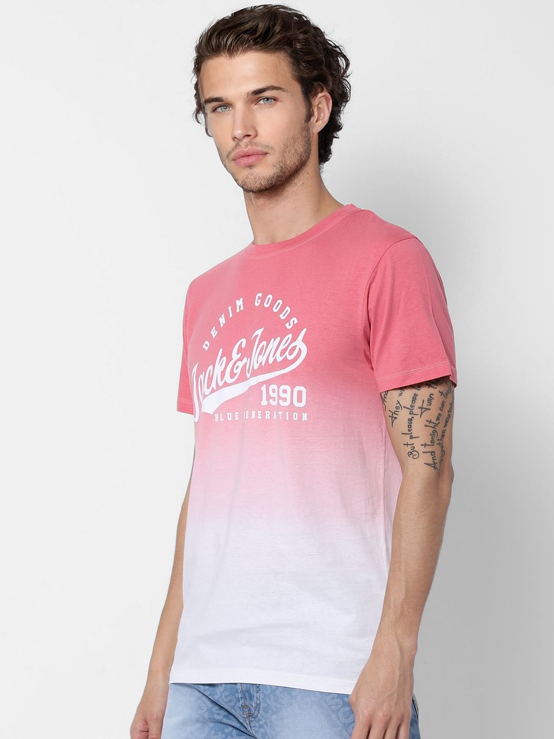 Pink Ombre Crew Neck Text Print T-shirt